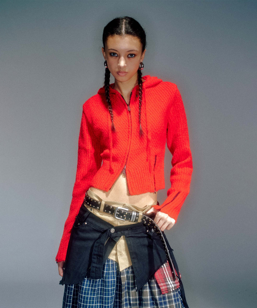 WOMEN MORO KNITTED HOODIE ZIP-UP RED