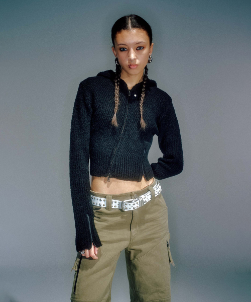 WOMEN MORO KNITTED HOODIE ZIP-UP BLACK
