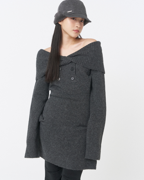double button knit one piece CHARCOAL