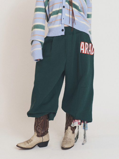 RAW EDGE EMBROIDERY WIDE PANTS GREEN
