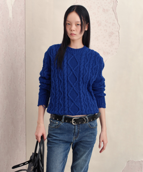 DAMAGED CABLE WOOL KNIT, BLUE