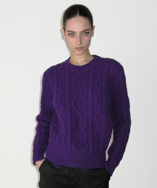 Damaged Cable Wool Knit, PURPLE