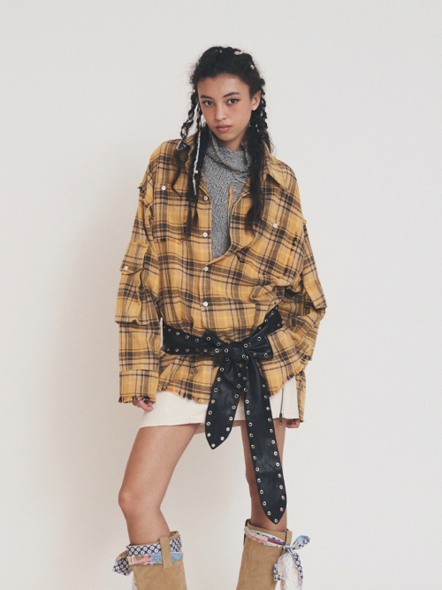 RAW EDGE CARGO CHECK SHIRT YELLOW