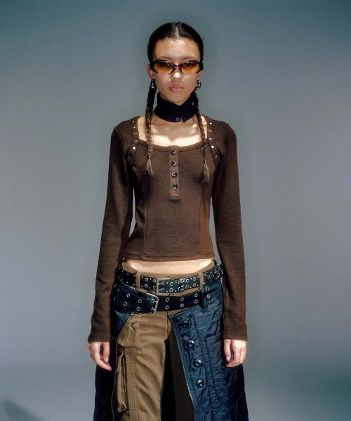 JANE STUD BOLERO KNIT TOP BROWN