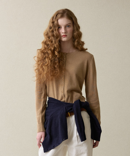 gold button cash cardigan beige