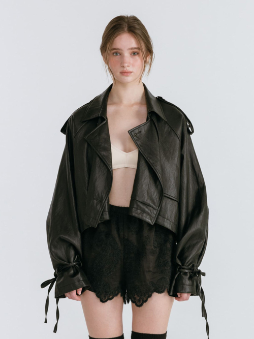 LEATHER STRAP TRENCH JACKET / BLACK