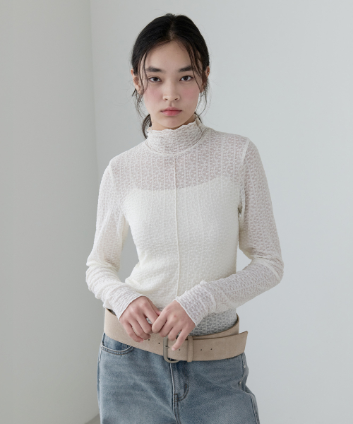 SHIRRING SEE-THROUGH HIGH NECK T-SHIRT IVORY