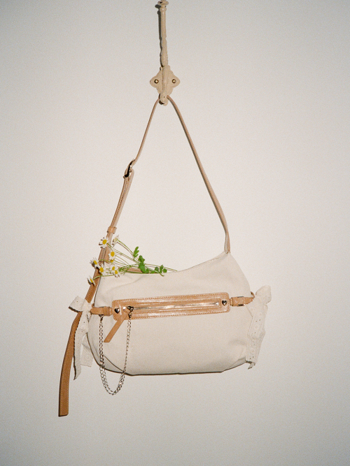 Belted ribbon bag_canvas caramel