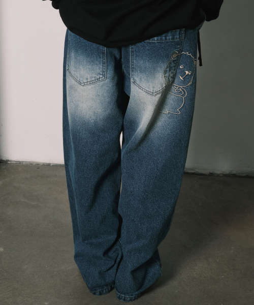 2-PIECE POCKET BELT DENIM PANTS BLACK WASHED