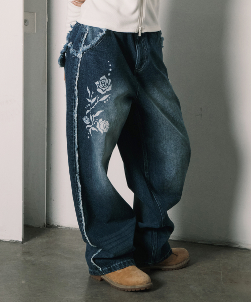 2-PIECE POCKET BELT DENIM PANTS BLACK WASHED
