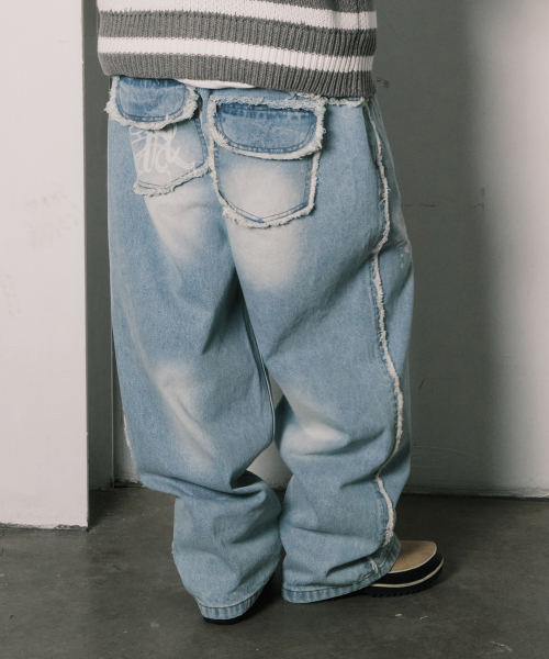 2-PIECE POCKET BELT DENIM PANTS BLACK WASHED