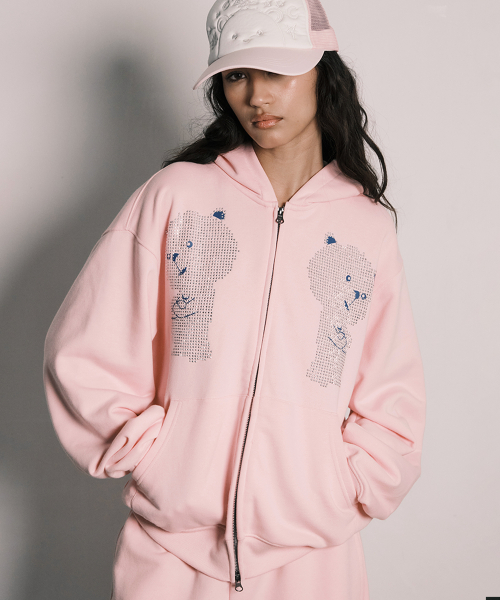 RHINESTONE DALGOMM HOOD ZIP-UP PINK