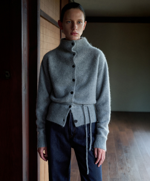 High Neck Button Raccoon Cardigan[LMBEWIKN298]-Gray