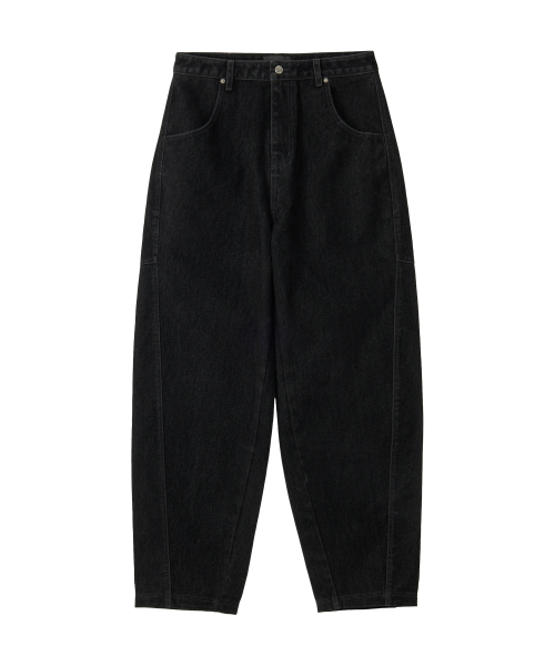 Velvet Stitch Curve Balloon Wide Denim Pants - BLACK