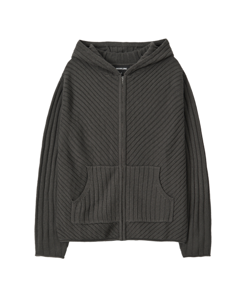 Rib Knit Hoodie Zip-Up - CHARCOAL