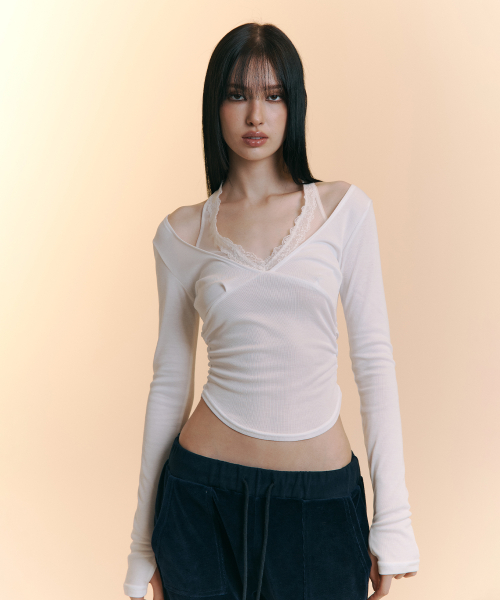 Amelia Lace Halter Long Sleeve Top (Ivory)