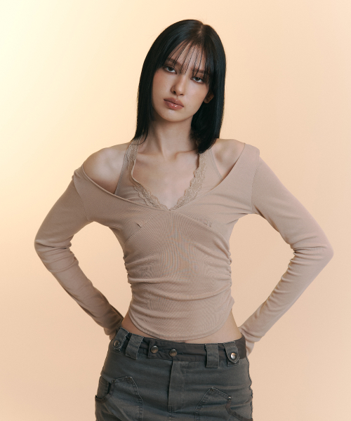 Amelia Lace Halter Long Sleeve Top (Skin Beige)