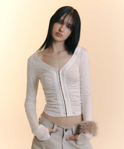 Candela Hooked Shirring Long Sleeve Top (Ivory)