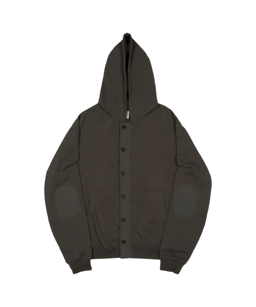 TCM check elbow patch hooded zip-up (khaki brown)