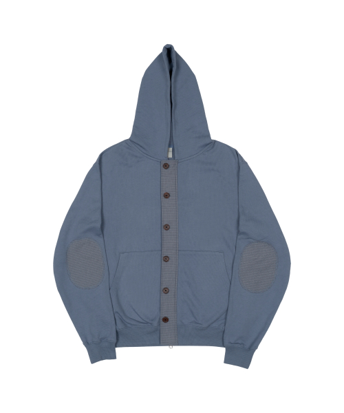 TCM check elbow patch hooded zip-up (blue)