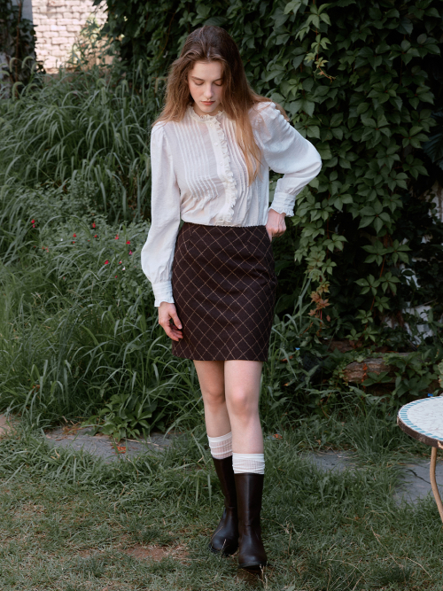 ROSA check lace mini skirt_BROWN