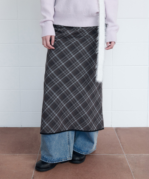 CHECK SLIM LONG SKIRT BROWN