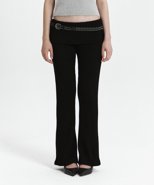 C FOLD BANDING RIBBED FLARE PANTS_BLACK