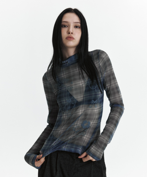 C SEE-THROUGH CHECK T-SHIRT_BLACK