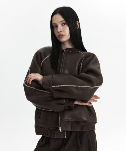 C LINE TRIM FAUX SHEARLING JACKET_BROWN
