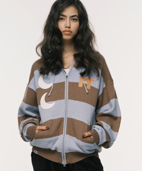 STRIPE KNIT ZIP-UP HOODIE BLUE