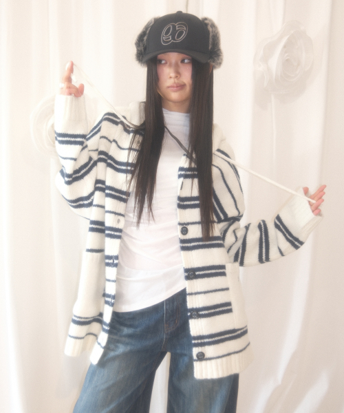 BERA STRIPE HOOD CARDIGAN / WHITE