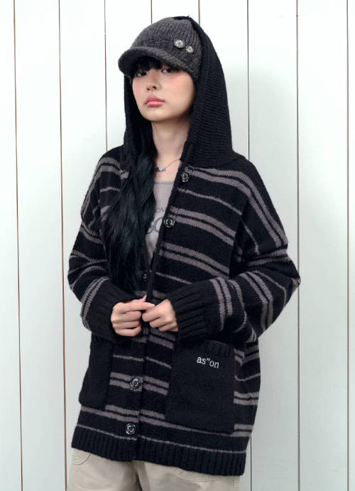 BERA STRIPE HOOD CARDIGAN / BLACK