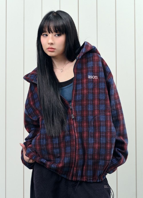 CHECK FLEECE HOOD ZIP-UP