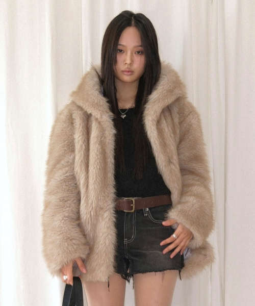 KOA HOOD FUR JACKET / BEIGE