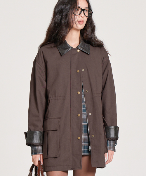 LEATHER COLLAR OXFORD WORK JACKET, BROWN
