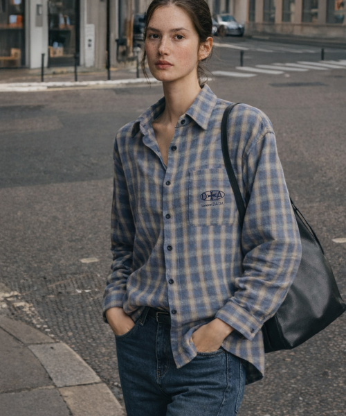 SIGNATURE EMBROIDERY LOOSE-FIT CHECK SHIRT, BLUE GREY