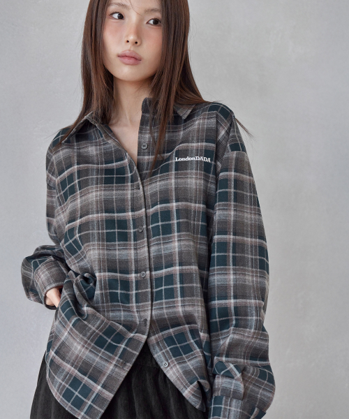 LETTERING EMBROIDERED VINTAGE LOOSE-FIT CHECK SHIRT, GREEN