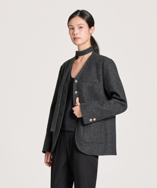 V-NECK SCARF WOOL HALF JACKET, CHARCOAL