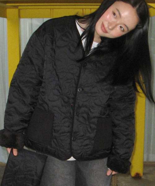 FUR REVERSIBLE QUILTING MUFFLER JUMPER SET BLACK