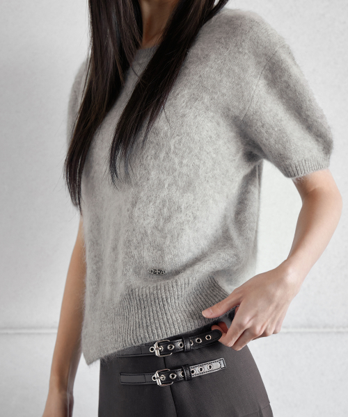 HAIRY WOOL PENDANT HALF-SLEEVE KNIT, GREY