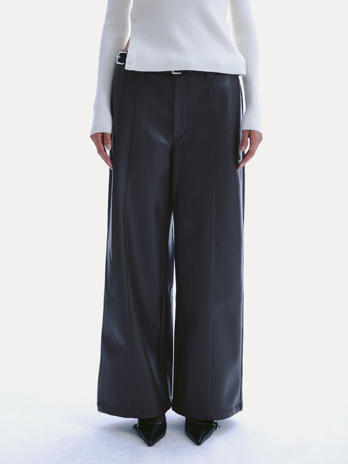 FAUX LEATHER WIDE-LEG TROUSERS_ BROWN