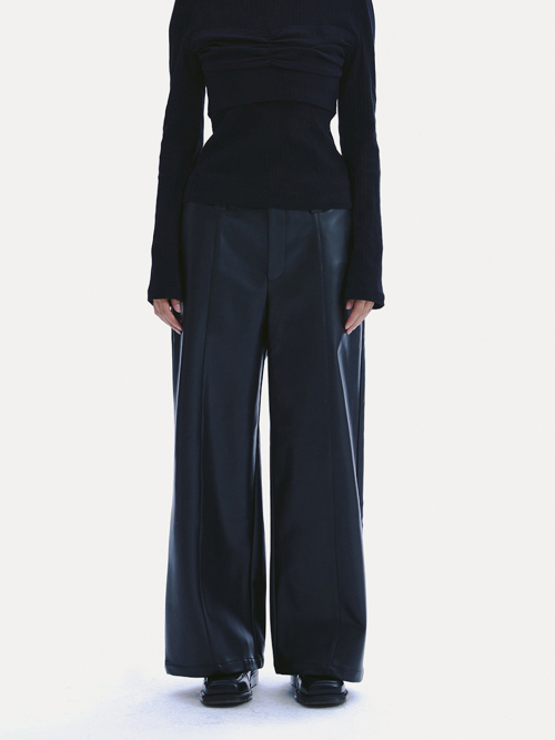 FAUX LEATHER WIDE-LEG TROUSERS_ BLACK