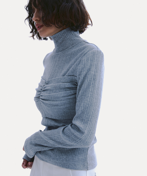 SHIRRING BUSTIER TURTLE NECK LONG SLEEVE_ GREY