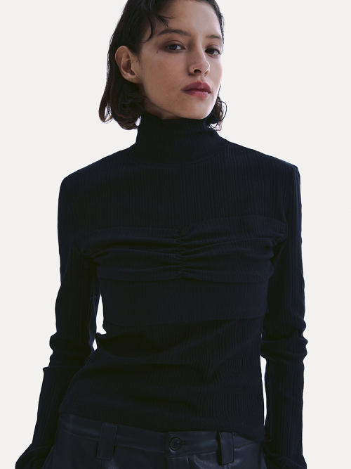 SHIRRING BUSTIER TURTLE NECK LONG SLEEVE_ BLACK