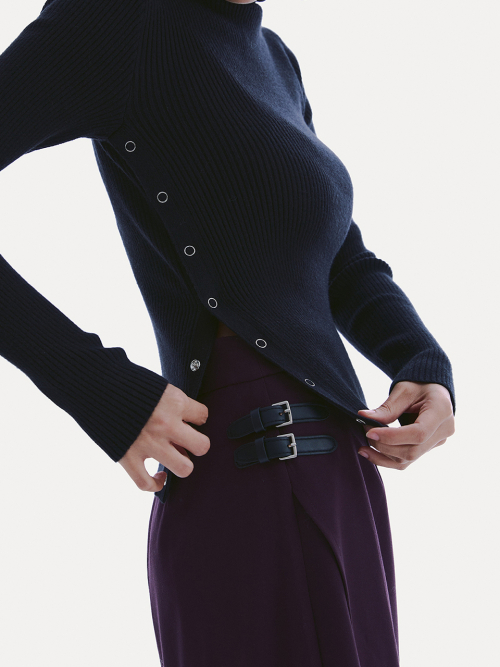 SIDE BUCKLE MIDI SKIRT_ BURGUNDY