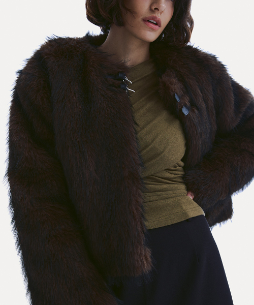 BUCKLE CROPPED FUR JACKET_ DARK BROWN