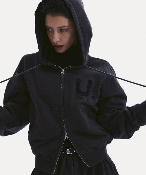 LETTERING COTTON HOODED ZIP-UP_ CHARCOAL