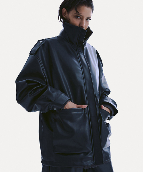 FAUX-LEATHER HALF JACKET_ BLACK