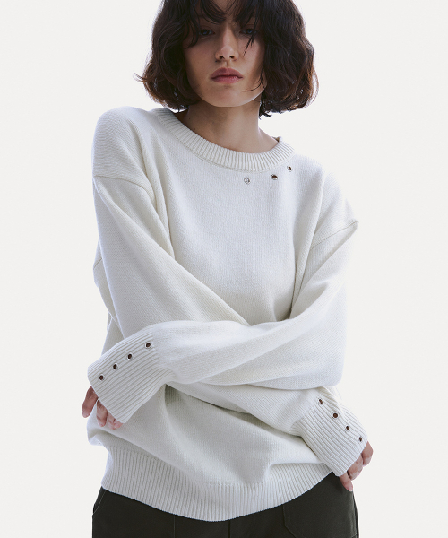 WOOL EYELET CREW NECK SWEATER_ IVORY
