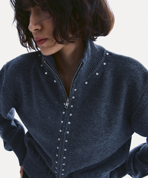 STUDDED FULL ZIP-UP KNIT BLOUSON_ GREY